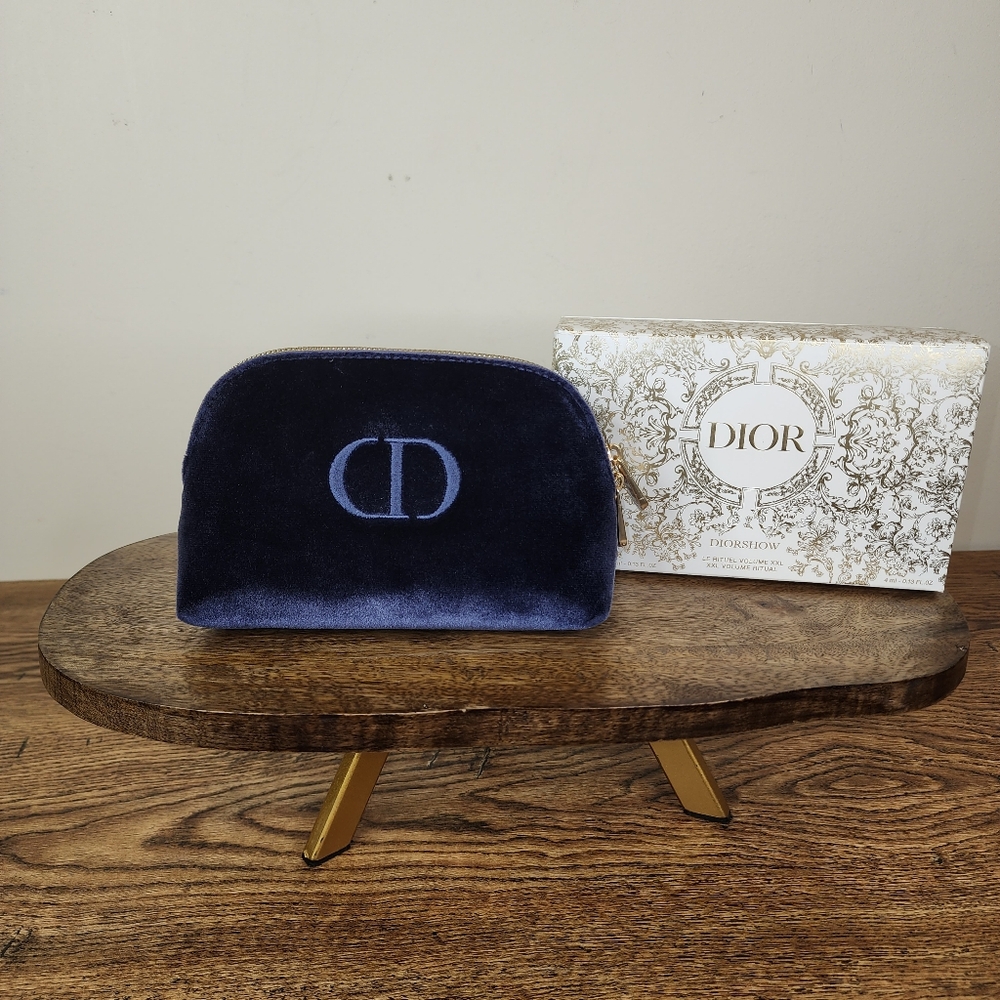 Christian Dior Blue Velvet With Gold Hardware Zippered Makeup Bag w/ Box